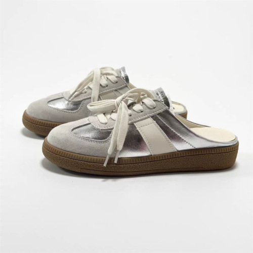 Vintage bow head half slipper women 2024 summer outdoor wear one foot pedal lazy people no heel military training shoes flat bottom sandals 