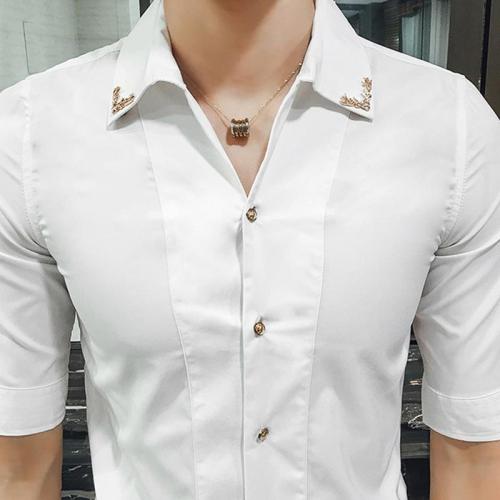 Men's Fashion Short-Sleeve Shirt Slim Fit Korean Style White Hair Stylist Mid-Sleeve Short-Sleeve 7/8 Sleeve Collarless Shirt