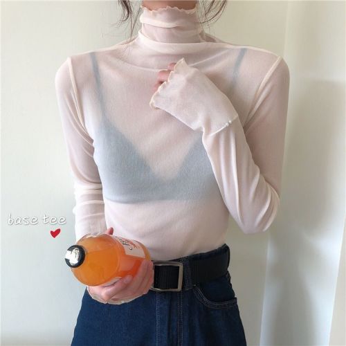 Women's Summer Thin Long Sleeve Lace Camisole Top with High Collar, Mesh Bodysuit, White with Mushroom Edge T-Shirt