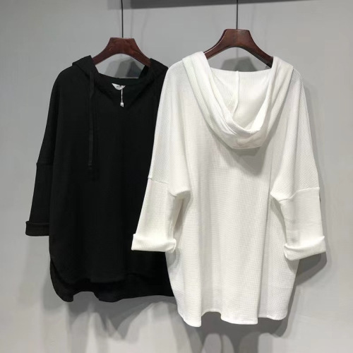 Spring and Autumn Fat MM 300 Pounds Large Size Loose Thin Honeycomb Medium Length Hooded Versatile Long Sleeve T-shirt Top for Women