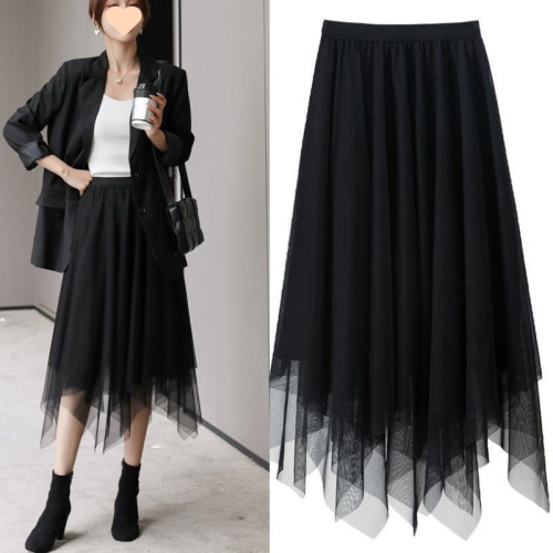 Irregular mesh half skirt 2025 new model all-season wearable medium-length versatile high-waist slimming large swing skirt