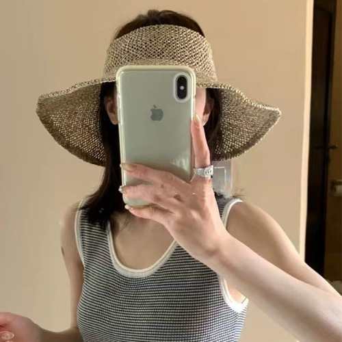 Foldable natural salt grass empty top hat portable Korean style rolled-brimmed sunshade straw hat seaside vacation hat