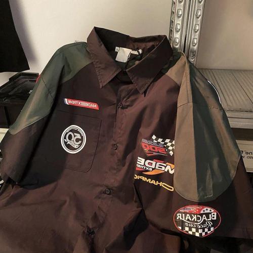 American Retro Hip-Hop Street Racing Shirt Men's Short Sleeve Summer Loose Ins Trendy Brand Motorcyclist Thin Collar Shirt