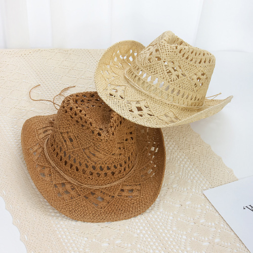 Cross-border hot summer straw cowboy hat outdoor sun protection straw hat women hollow large brim beach hat