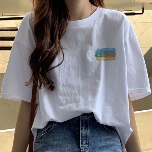 2024 New Women's Short Sleeve White Print Summer Round Neck Top Casual T-Shirt
