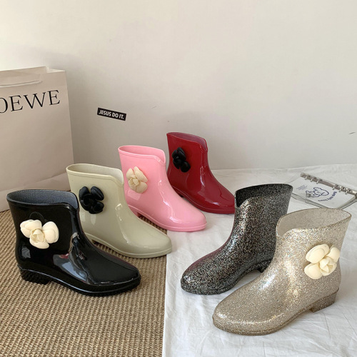 Bow rain boots for women's middle tube waterproof shoes for anti-slip soft sole wear-resistant rain boots for women's kitchen grocery shopping work anti-slip rubber shoes