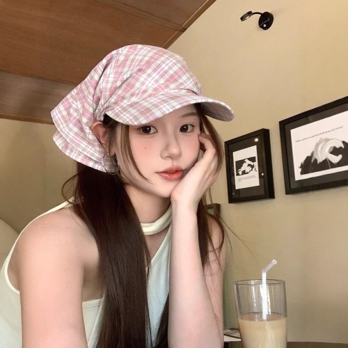 Korean niche pink plaid triangle scarf headband women summer headscarf baseball cap sweet sun protection hat