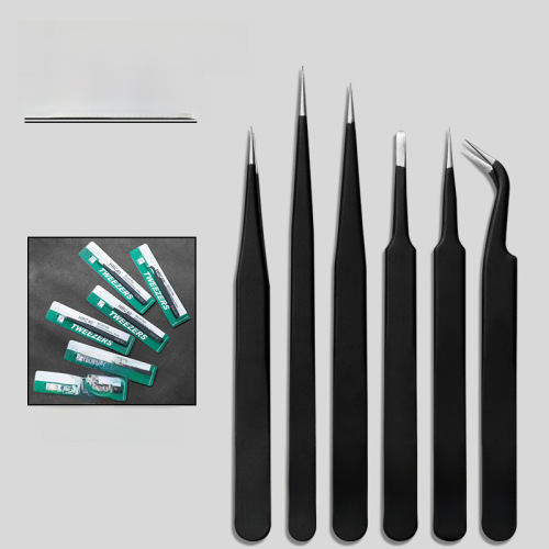 Stainless steel elbow pointed black anti-static tweezers wholesale manicure manual manual manual maintenance special clip set