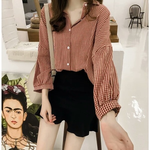 2025 Spring and Autumn New Women's Hong Kong Style Loose BF Lantern Sleeve Checkered Shirt Women's Long Sleeve Top Blouse Outerwear Trend