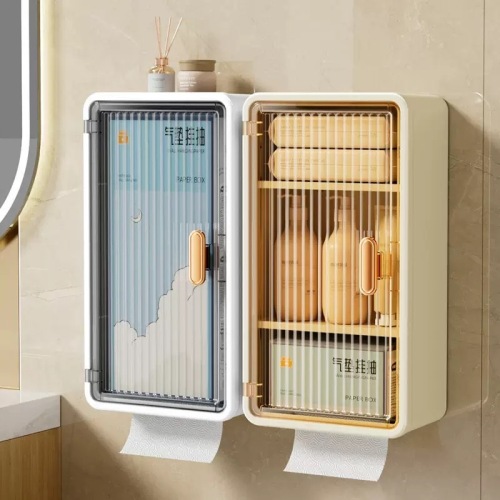 Wall-mounted toilet paper holder without drilling, waterproof bathroom tissue storage box, large size, shelf organizer