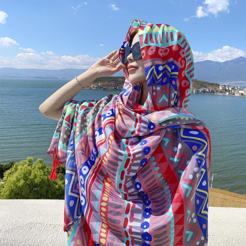 Silk scarf for women in summer beach sun protection ethnic style beach shawl with scarf with fashion floral versatile air conditioning scarf