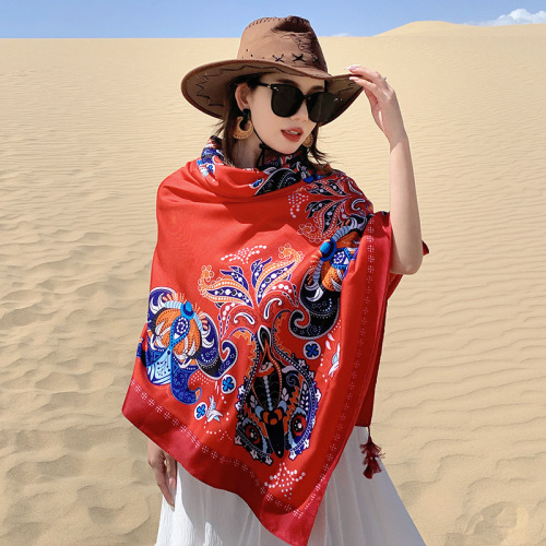 Beach shawl sunscreen scarf silk scarf summer travel photo ethnic style seaside vacation scarf versatile long women