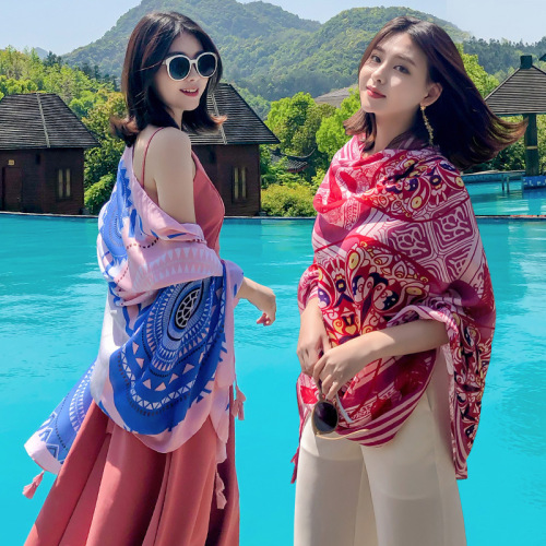 Ethnic style scarf sunscreen shawl for women in summer beach towels, seaside super large gauze scarf, dual-purpose multi-function scarf, versatile