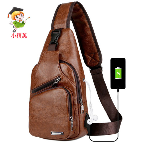 Export Trade Crossbody Men's Bag USB Charging Cross-border Europe and America PU Chest Bag Simple Men's U Casual Trendy Shoulder Bag Men's 