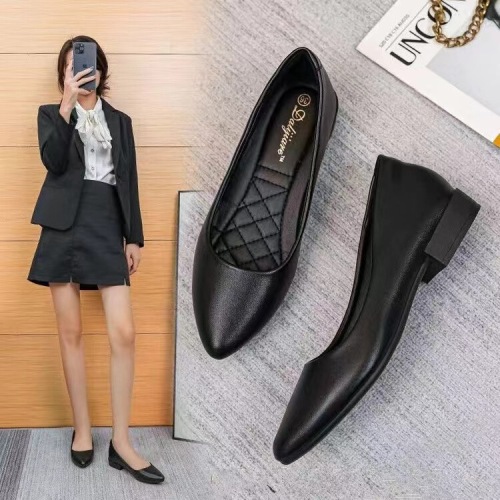 Women's New Black Summer Professional Work Shoes with Pointed Toe, Thick Heel, Leather Shoes, Soft Leather, Soft Sole, Single Shoe