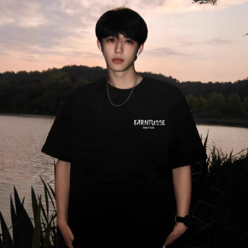 Men's Summer American Heavyweight Black Short-Sleeve T-Shirt with Personalized Simple Letter Loose Plus Size Pure Cotton Half-Sleeve T-shirt