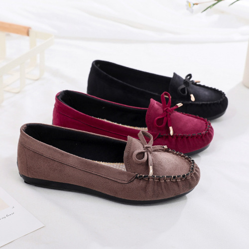 Polyurethane bottom old Beijing style women's moccasin shoes, versatile flat shoes with bow tie, suede casual Mary Jane single shoes for women