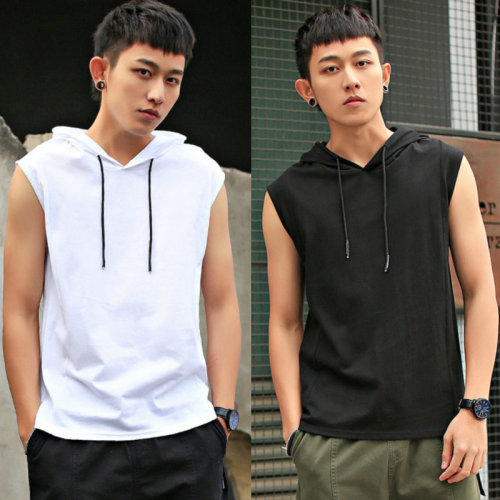 Cross-border sleeveless T-shirt men's summer short-sleeved vest trendy hooded waistcoat short-sleeved hoodie vest T-shirt men's style