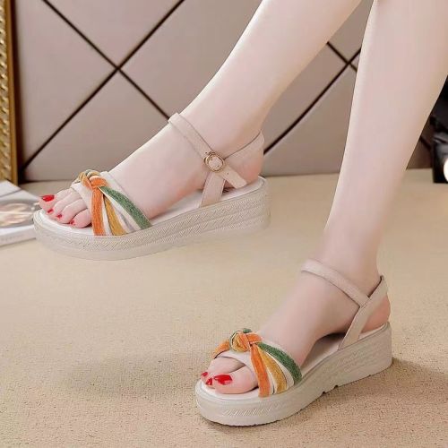 Women's Summer Slope Heel Soft Leather Cross-border Brand Pumps with Platform Thick Sole Height Increasing Non-slip Fashion Sandals
