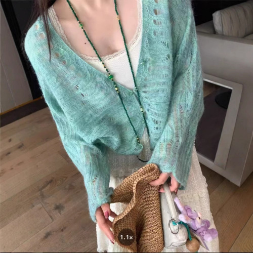 YUNSHU Korean gentle style sunscreen knitted cardigan for women 2025 spring and summer temperament slim hollow mohair top