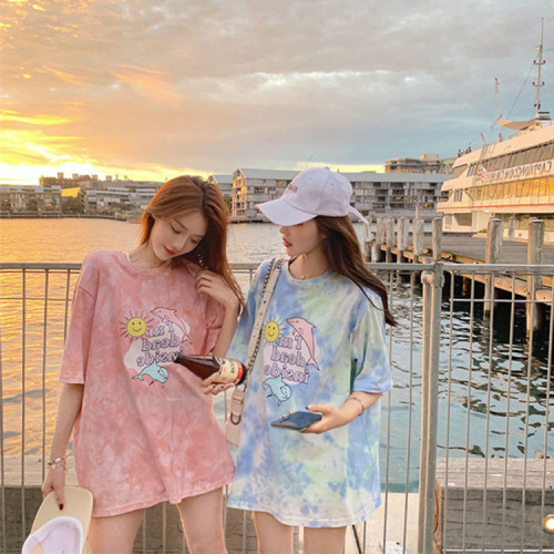 Foreign trade loose Harajuku style tie-dye bf top summer ins trendy Hong Kong style super hot Cec short-sleeved women T-shirts students and women trendy