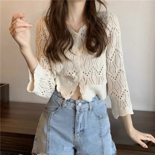 Lace Knit Small Shalimar Style Sun Protection Cardigan, Thin Women's Spring and Autumn Loose Outerwear Air Conditioning Cover Shirt, Short Sleeve Long-Sleeve Top