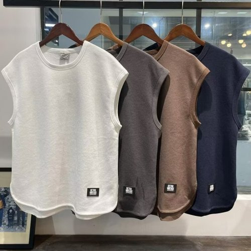 Summer Ins trendy ice silk sleeveless vest white base short-sleeved retro vest men's loose T-shirt for outdoor wear, drop shipping