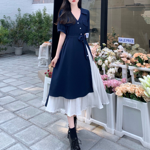 Fake two-piece short-sleeved V-neck mid-length dress 2025 summer meat-covering French long skirt waist-hugging women's skirt A-line skirt