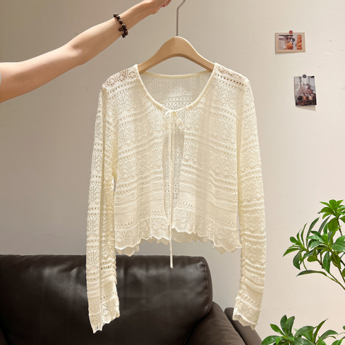 Korean ice silk knitted cardigan for women's summer thin long-sleeved short sunscreen shawl outer jacket hollow blouse top