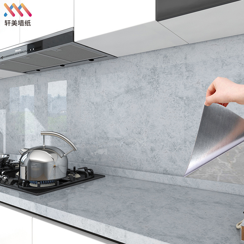 Kitchen oil-proof sticker renovation high temperature resistant aluminum foil bottom marble film stove table top self-adhesive wall paper waterproof