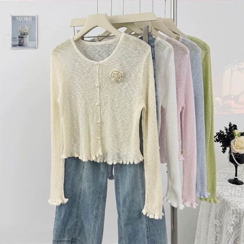 Thin round neck spliced flowers short long-sleeved knitted sunscreen shirt new slim-fitting cardigan top