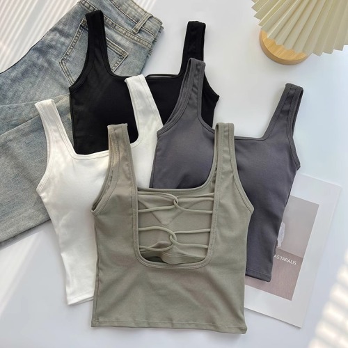 Women's Bralette Strappy Camisole Top for Lingerie, Bodysuit, Stylish Back, Slimming, Cross-Strapped, Hollowed Square Neck, Sleeveless, Short-Sleeve