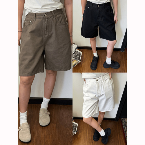Vintage straight-leg denim shorts for men, summer cleanfit streetwear brand loose casual versatile work-style five-pocket pants trendy