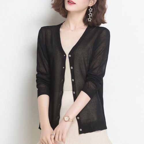 Ladies' Summer Thin Knit Cardigan Solid Color Linen-Like Ice Silk Top Coat