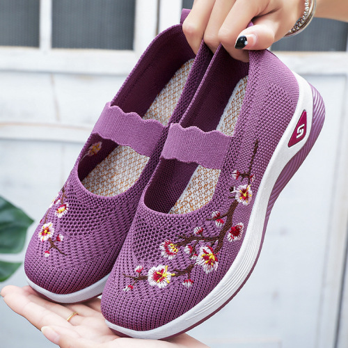 Mom's Shoes Summer New Arrival Embroidered Shallow Mouth Single Shoes Women's Breathable Casual Shoes Drop Shipping Slip-On Lazy Shoes Drop Shipping