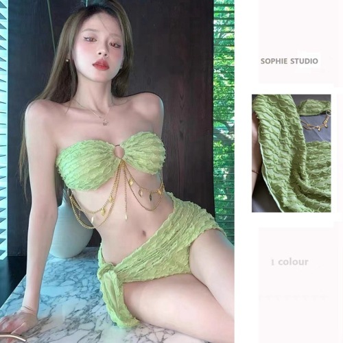 Swimsuit, female sexy bikini wrap skirt, three-piece set, gathering breasts and making you look slim and split triangles ins vacation hot spring swimsuit