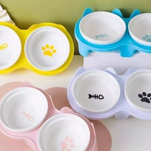 Cat bowl ceramic cat food bowl cat bowl dog bowl food bowl pet oblique mouth protection cervical spine prevent overturning double bowl drinking water
