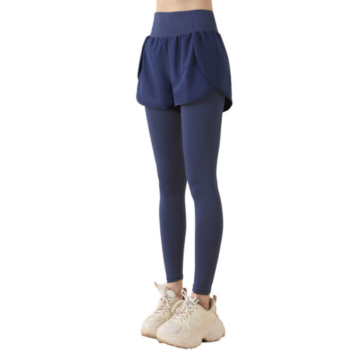 2025 new high elastic fake two-piece pocket yoga pants for women stretch high waist lifting hips running fitness sports tights