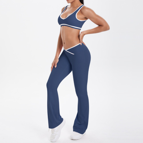 European and American nude contrasting sports bra tight yoga pants crossed high waist wide-leg bell-bottom pants sports yoga suit