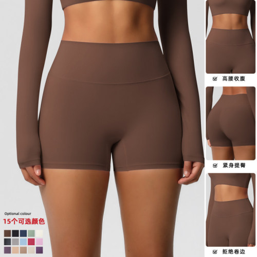 Spot cross-border solid color double-sided hair high waist tight hip lifting yoga shorts running fitness exercise three-quarter pants for women