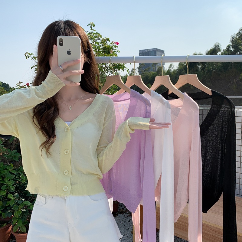 Ice Silk Sun Protection Shirt V-Neck Thin Short-Sleeve Knit Cardigan Top for Women Summer Gentle Sweet Loose