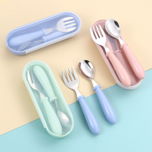 Cartoon 304 stainless steel children's cutlery fork and spoon set, round handle, baby supplies, birthday gift, present