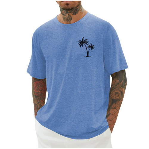 New Amazon Men's Clothing, Men's Drop Shoulder Sleeve Solid Color Top, Sporty Casual Coconut Tree Print Short-Sleeve T-Shirt