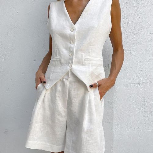European and American design-sensory cotton and linen suit vest set women's summer casual sleeveless vest shorts two-piece set