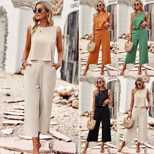 Cross-border Amazon Fashion Set for Women 2024 Summer Temperament Sleeveless Elegant Casual Top Cropped Pants Two-piece Set