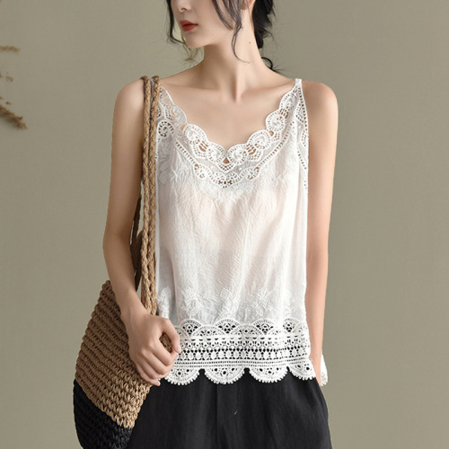New 2024 Summer Women's Outerwear Fashion Simple Lace Hollow Outfit-Dress Blouse Top Trendy Camisole
