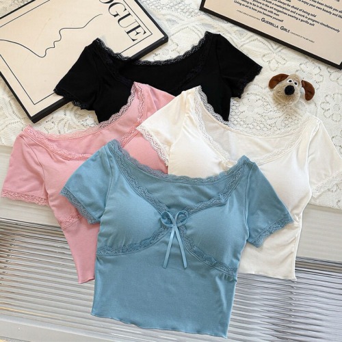 5010# New Lace V-Neck Splicing Short-Sleeve T-Shirt for Women - Summer, Fitted, Slimming, Sexy, Hot Girl, Bowknot Detail