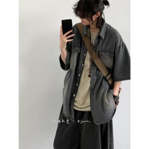 Summer Japanese Washed Distressed Pocket Short-Sleeve Denim Shirt for Men and Women, Trendy Retro Workwear Blouse Jacket