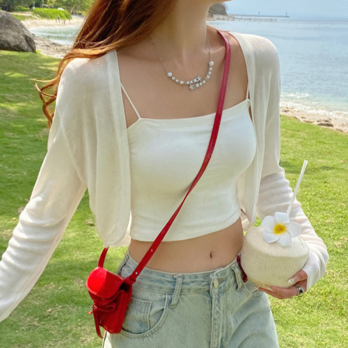 Sun Protection Open Cardigan Knit Women's 2025 Summer Thin Strap Dress Overcoat Ice Silk Short Sleeveless Cardigan