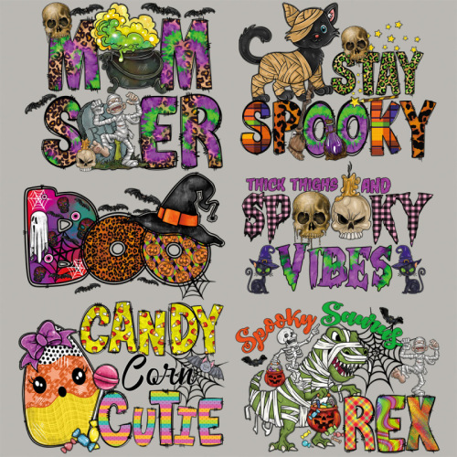 Amazon source European and American style Halloween skull pumpkin pattern heat transfer printing ironing painting clothing t-shirt printing